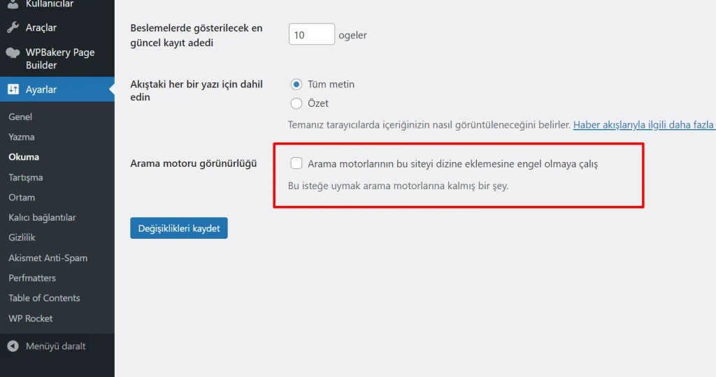 Wordpress siteyi arama motorlarına açmak